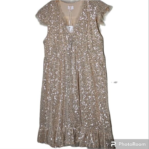 M by MNK Blush Sequined Cap Sleeve Babydoll Cocktail Mini Dress size L - Picture 1 of 16